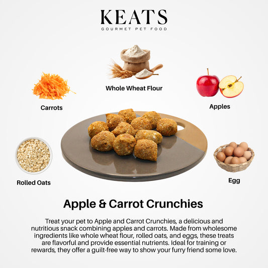KEATS gourmet pet food apple and carrot crunchies with ingredients and packaging on a white background