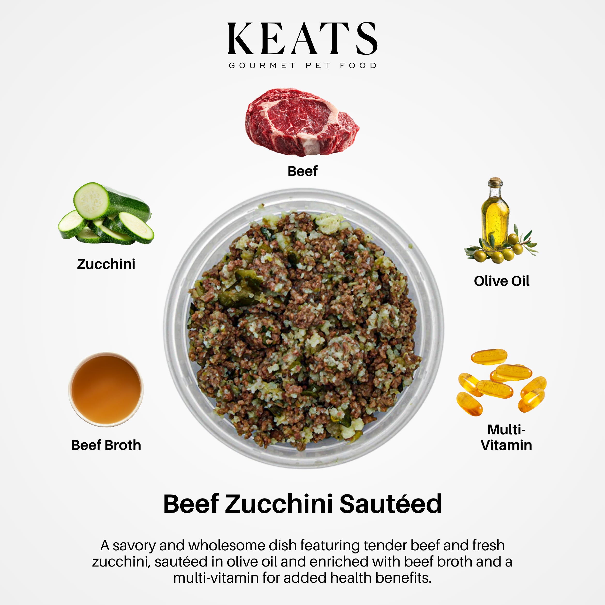 KEATS gourmet pet food dish with ingredients including beef, zucchini, olive oil, and multi-vitamin, on a white background.