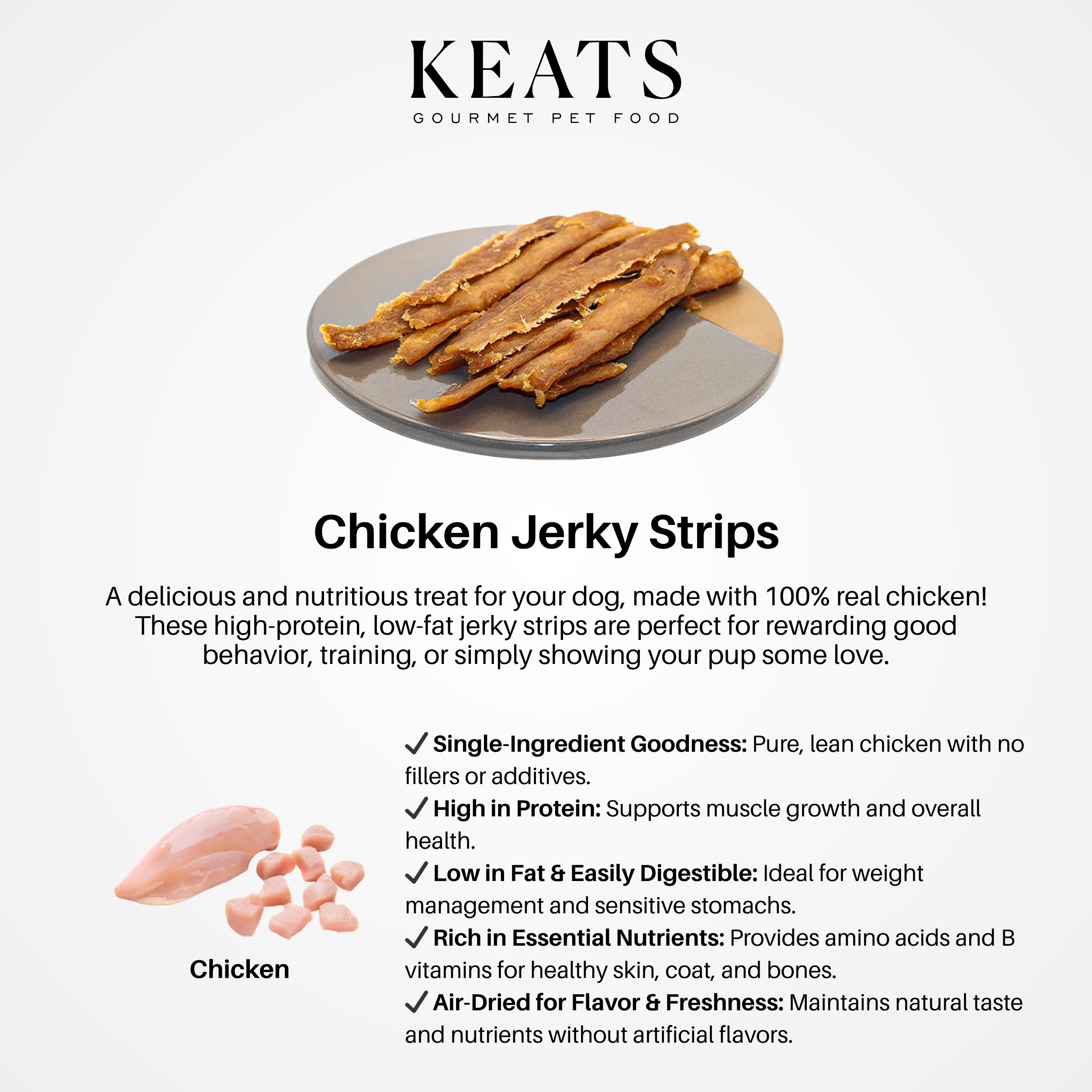 Chicken jerky strips on a plate with KEATS branding and product description.