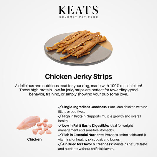 Chicken jerky strips on a plate with KEATS branding and product description.