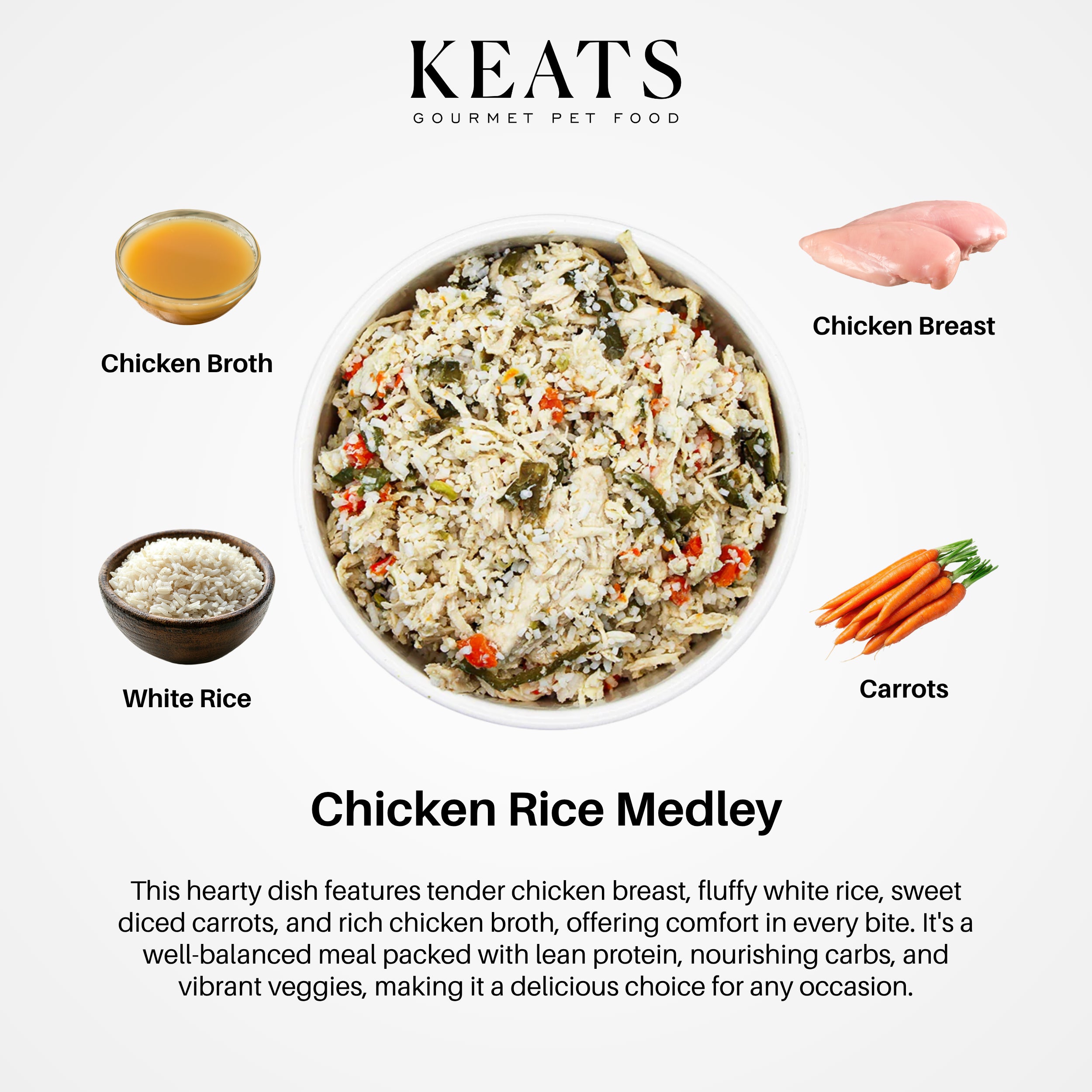 KEATS gourmet pet food dish chicken rice medley with ingredients and description on a white background
