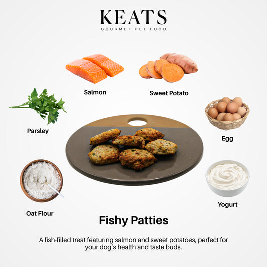 KEATS Fishy Patties recipe with ingredients on a white background
