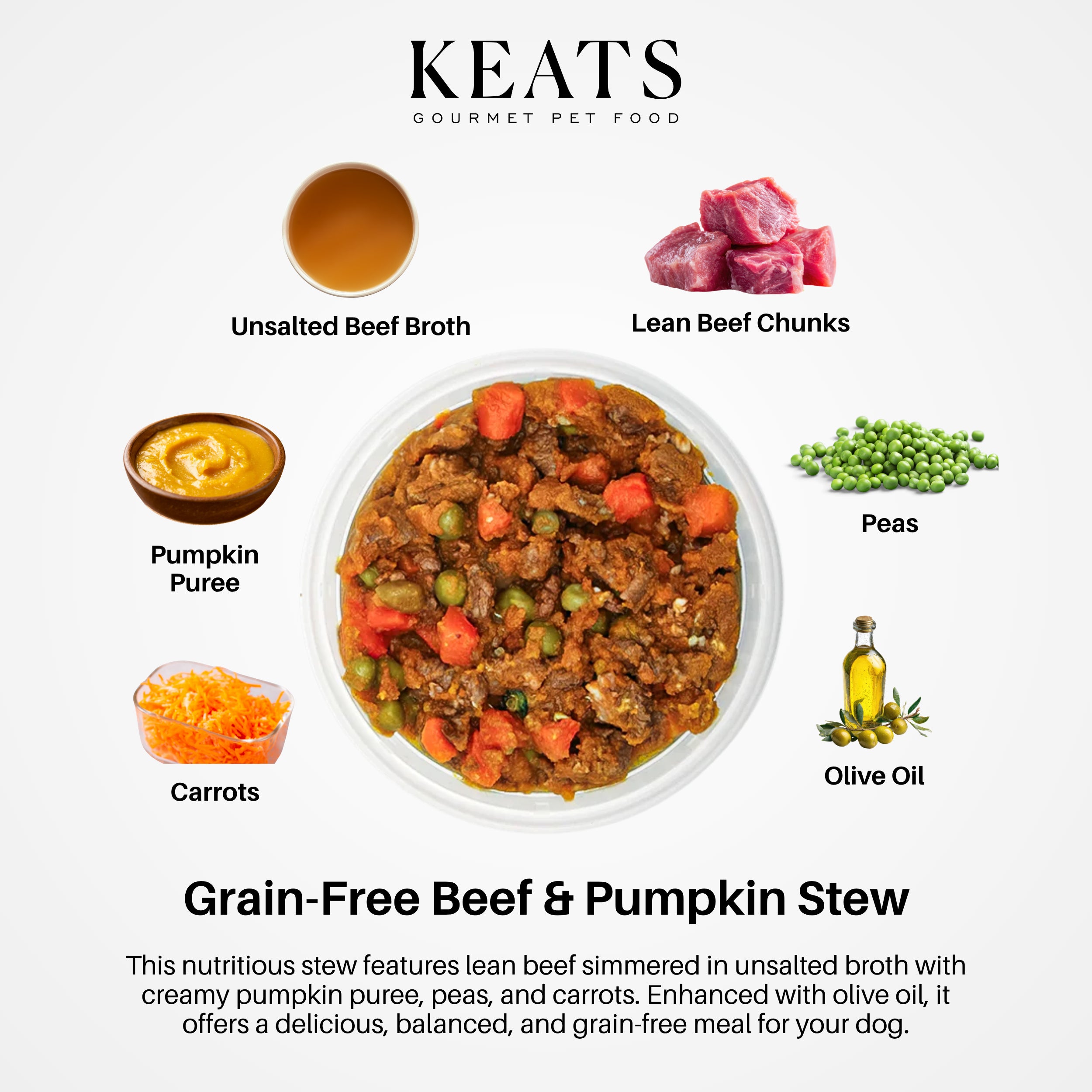 Grain-free beef and pumpkin stew with labeled ingredients and KEATS branding.