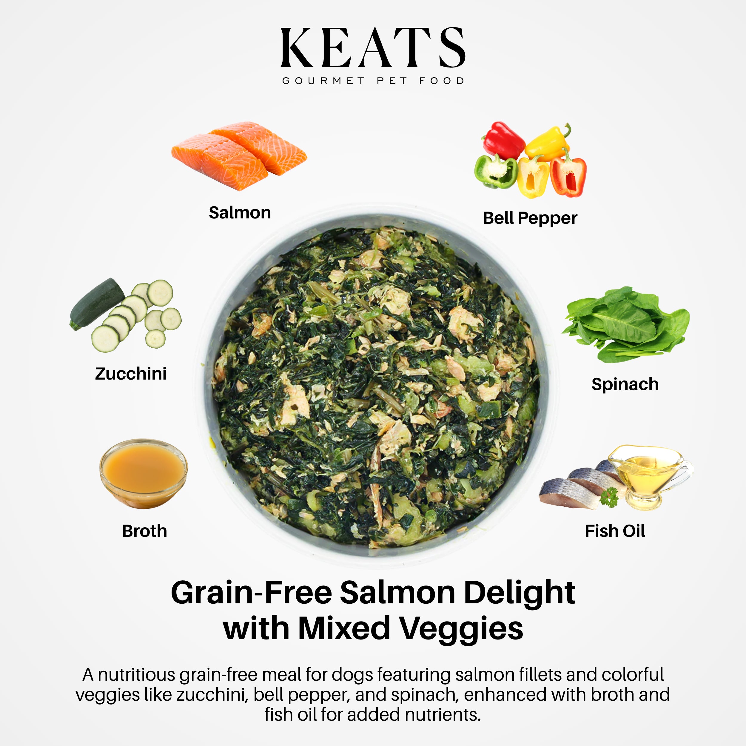 KEATS Gourmet Pet Food ingredients label for Grain-Free Salmon Delight with Mixed Veggies