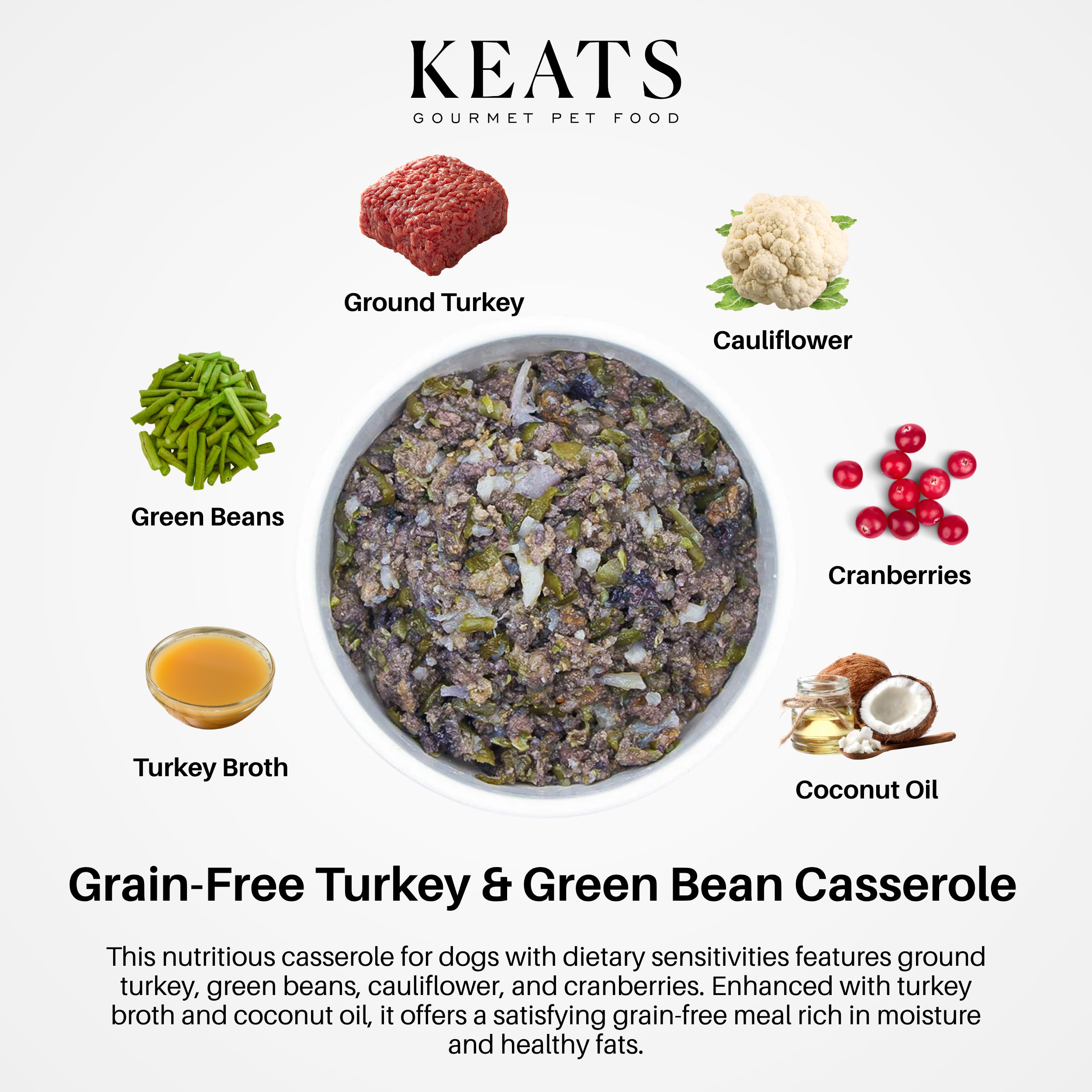 Keats gourmet pet food Grain-Free turkey and green bean casserole with ingredients displayed on a white background