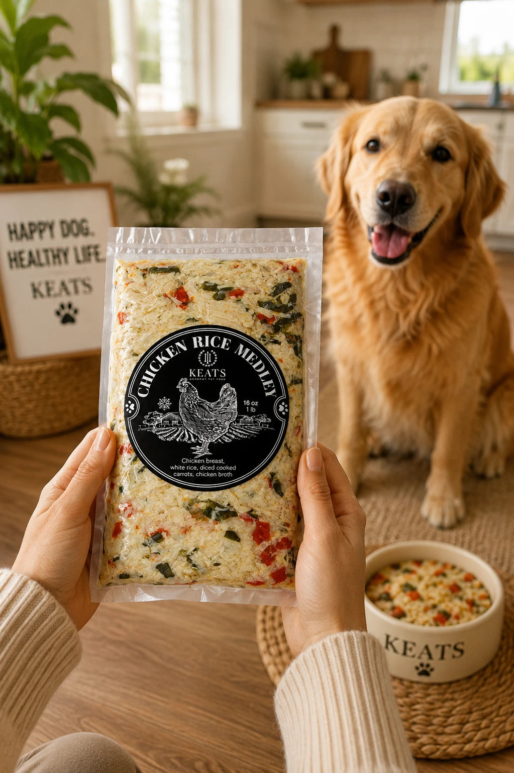 Person holding a package of KEATS Chicken Rice Medley in a kitchen with a dog sitting next to a bowl of food.
