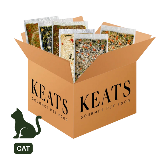 An open tan cardboard box labeled KEATS Gourmet Pet Food, filled with several cat food pouches and bags. A dark green cat silhouette and the word CAT appear in the lower left on a white background.