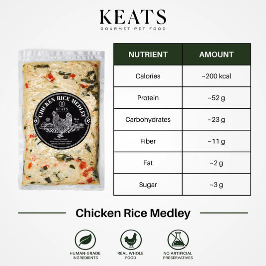 KEATS pet food product shown on a clean white background with a nutrition facts table beside it. The package is a clear plastic bag containing a rice-based medley with visible chicken pieces and colorful vegetables.