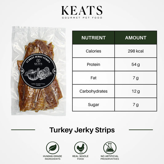 A packaged food product shown on a light gray background with a brand header 'KEATS Gourmet Pet Food' and a nutrition table. The product is a vacuum-sealed bag of Turkey Jerky Strips with a round black label.