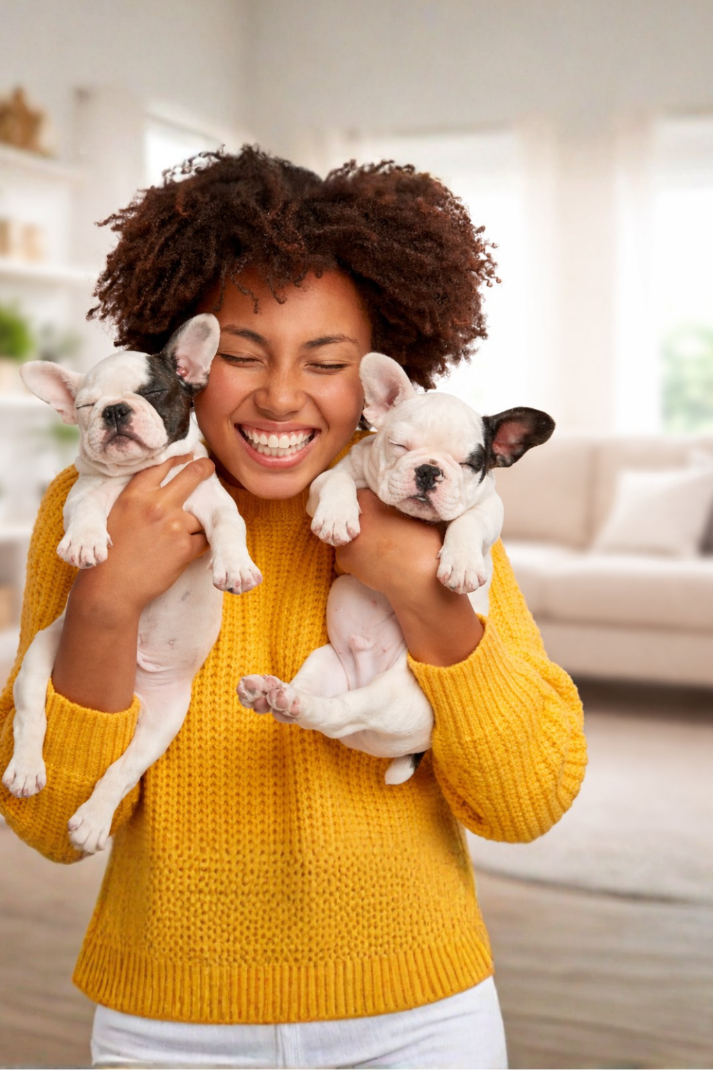 Woman in a yellow sweater holding three small dogs in a living room.