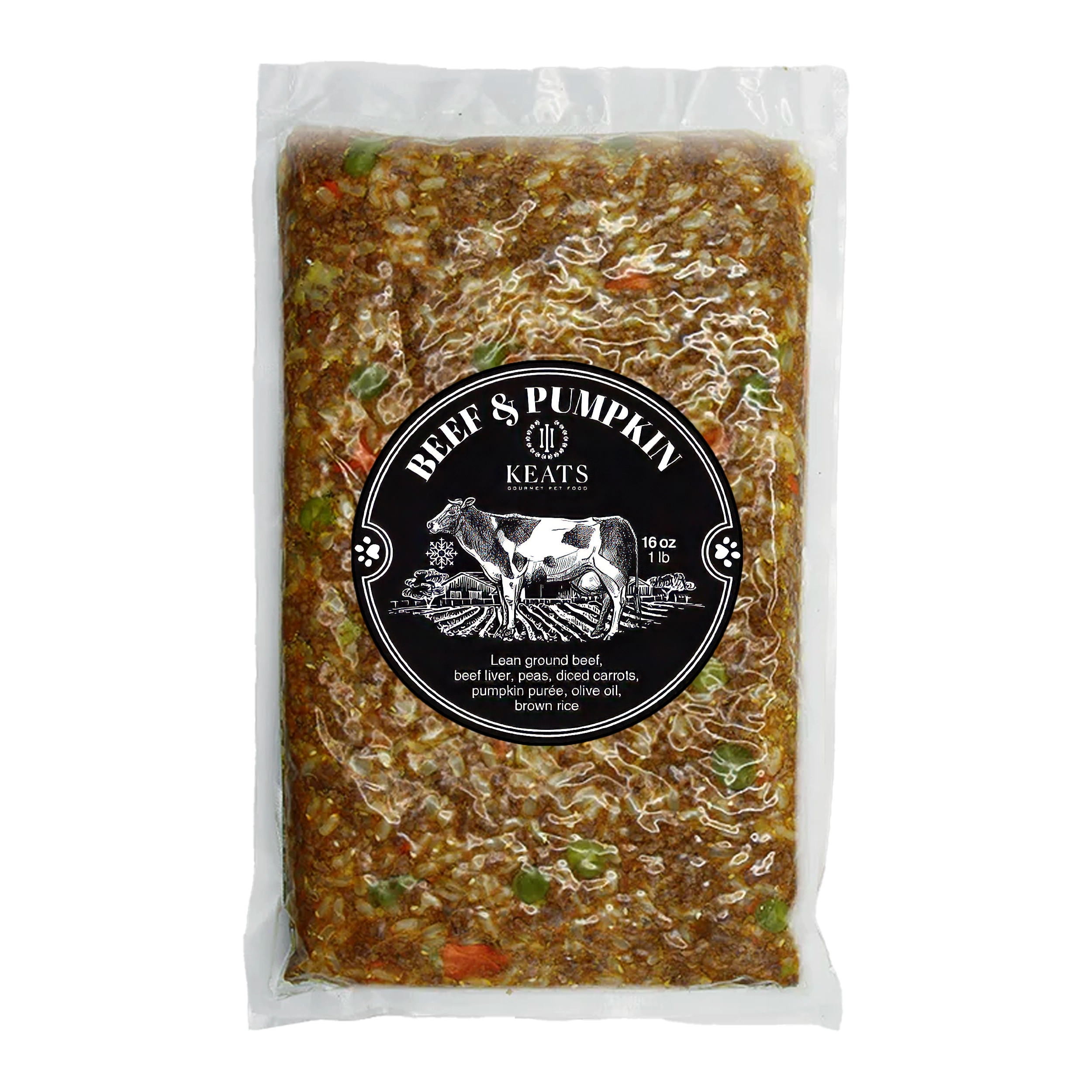 Package of Keats Gourmet Pet Food with beef and pumpkin flavor on a white background