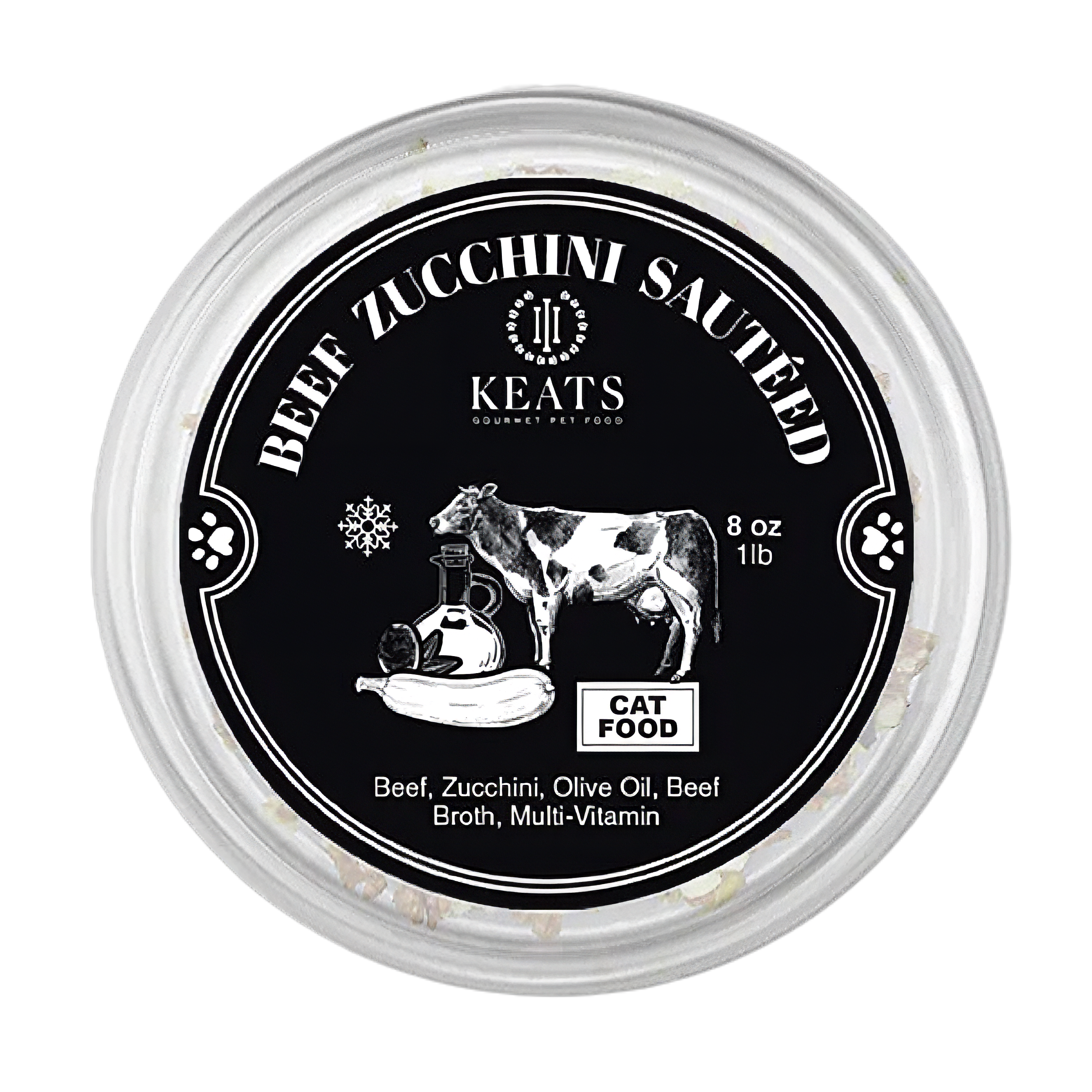 Keats Beef Zucchini Sautéed cat food container on a white background