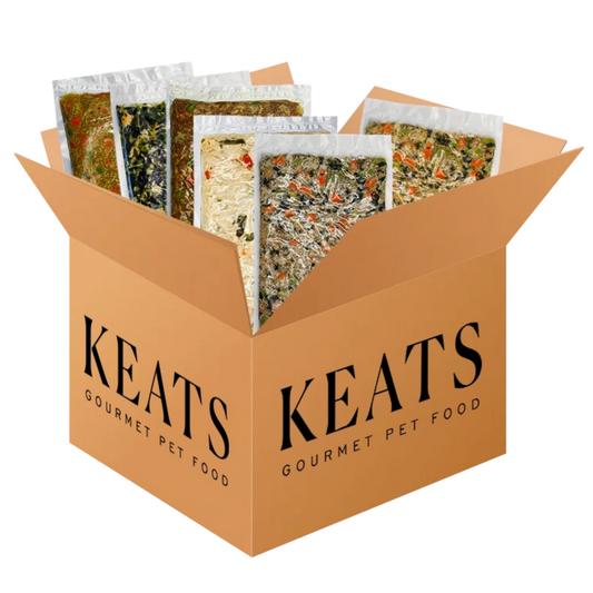 Box of KEATS Gourmet Pet Food with multiple packages inside on a white background