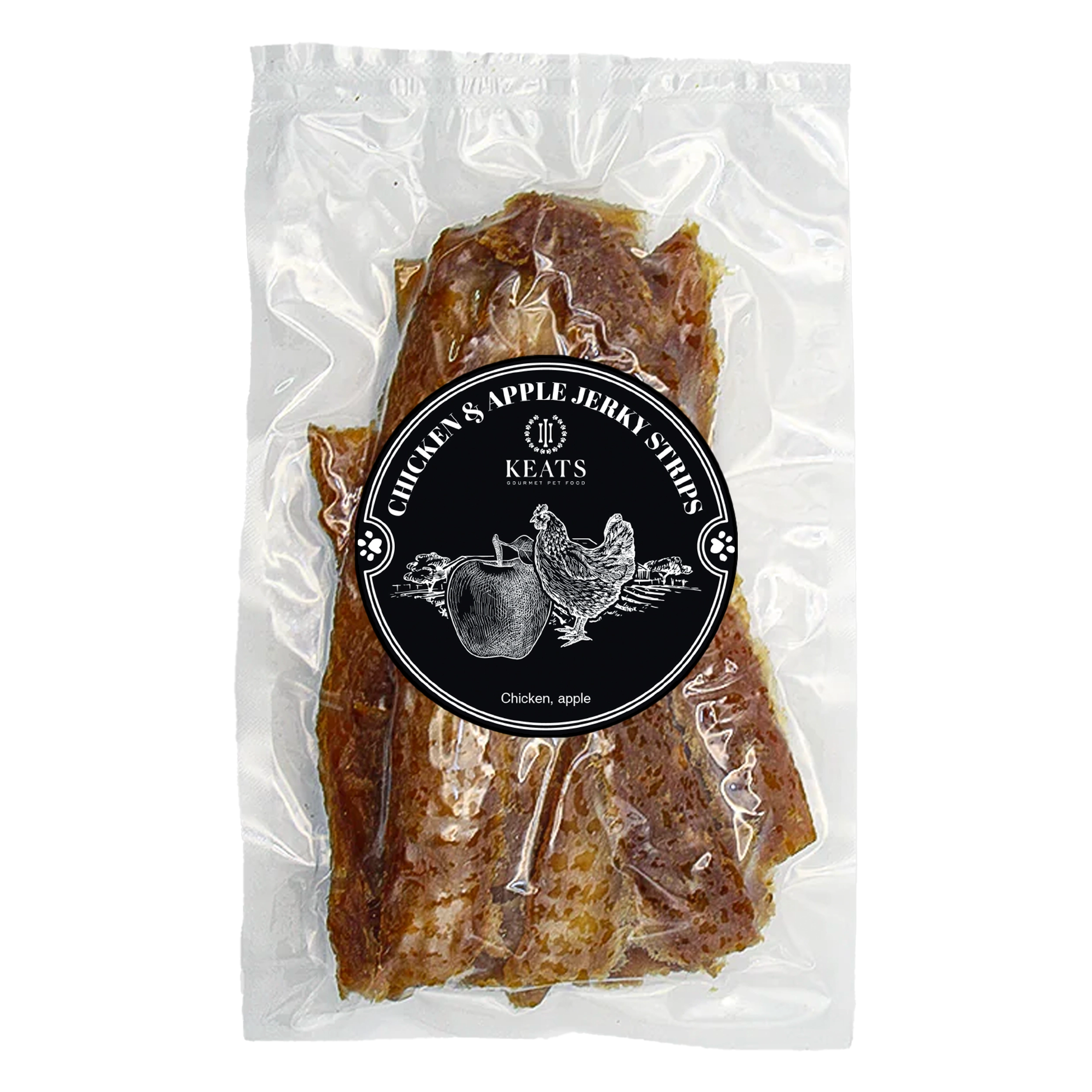 Package of KEATS Gourmet Pet Food Chicken & Apple Jerky Strips on a white background