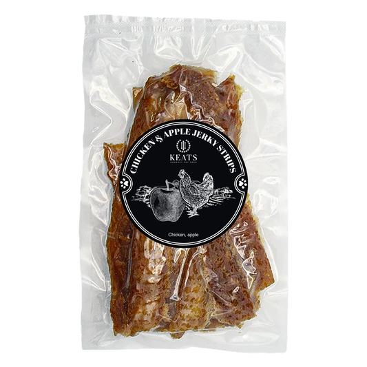 Package of KEATS Gourmet Pet Food Chicken & Apple Jerky Strips on a white background