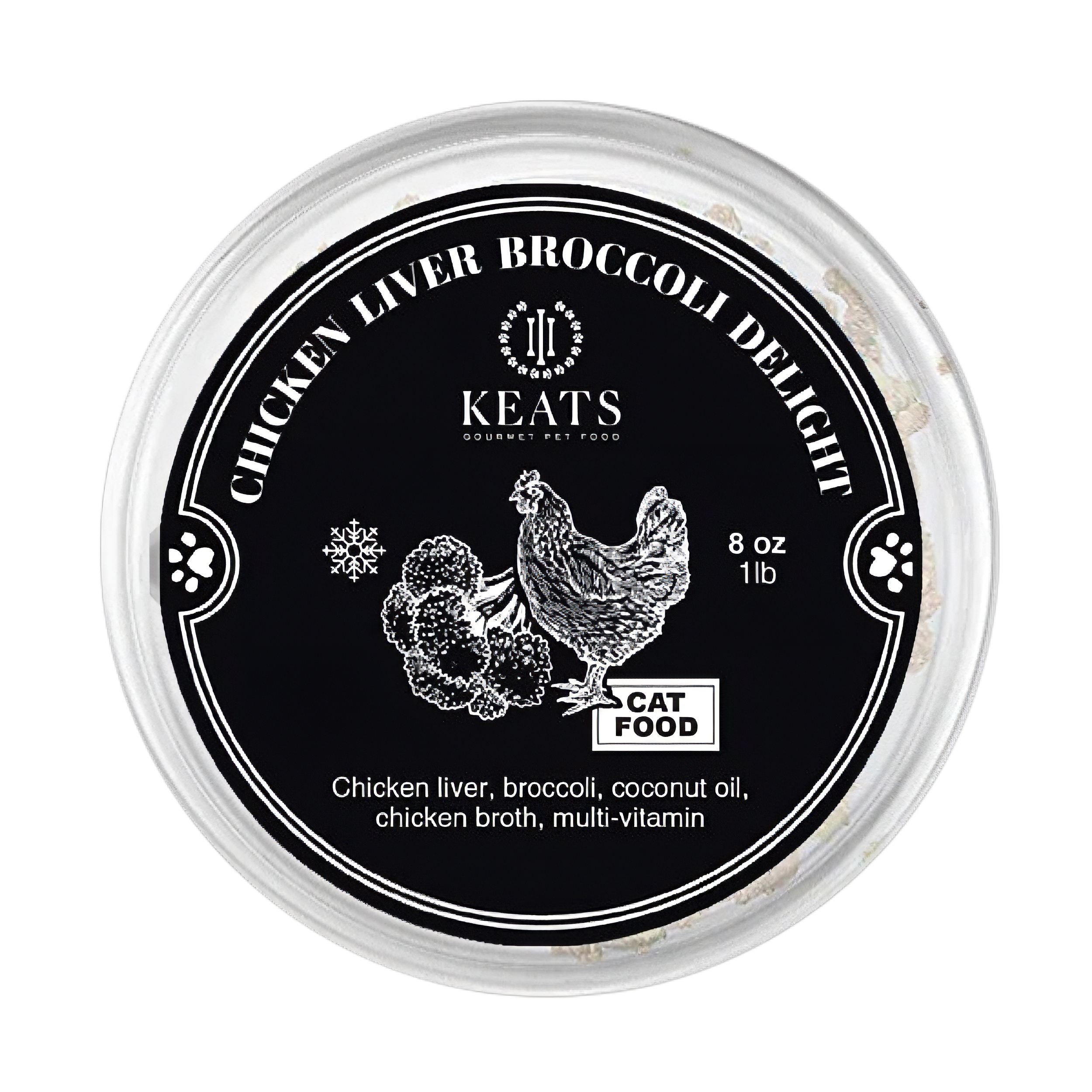 Keats Chicken Liver Broccoli Delight cat food container on a white background