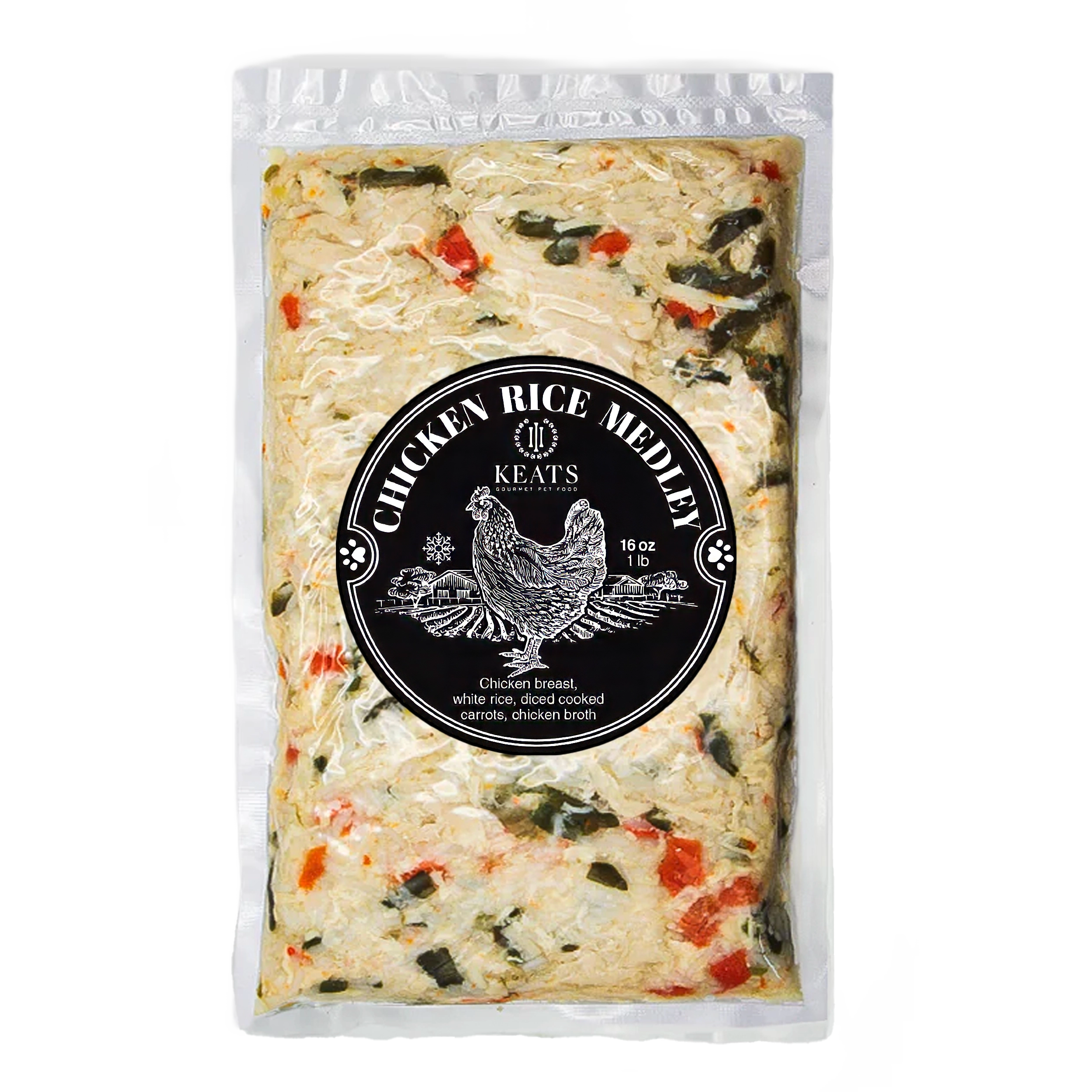 Keats Gourmet Pet Food Chicken Rice Medley package on a white background