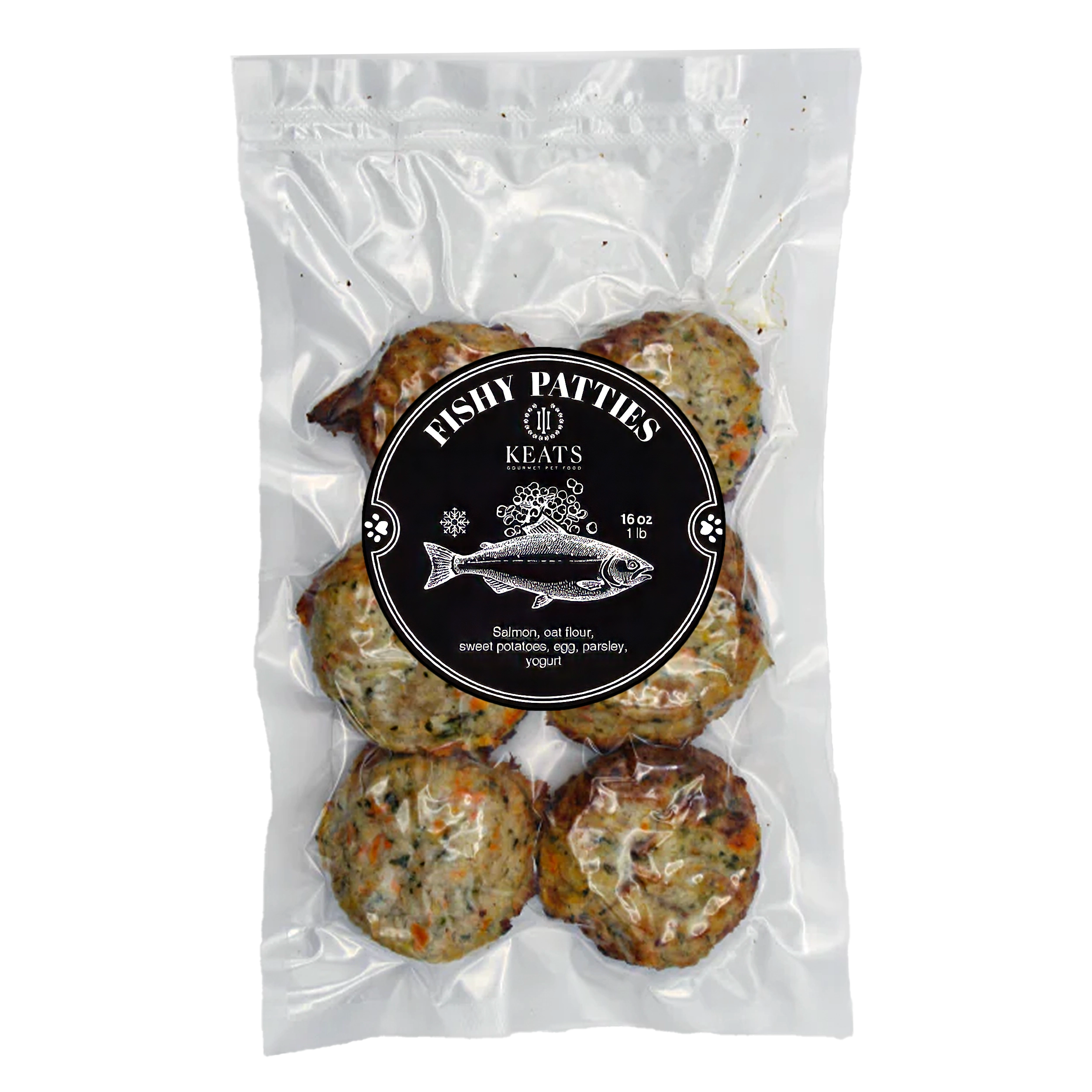 Package of Keats Gourmet Pet Food Fishy Patties on a white background