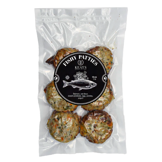 Package of Keats Gourmet Pet Food Fishy Patties on a white background
