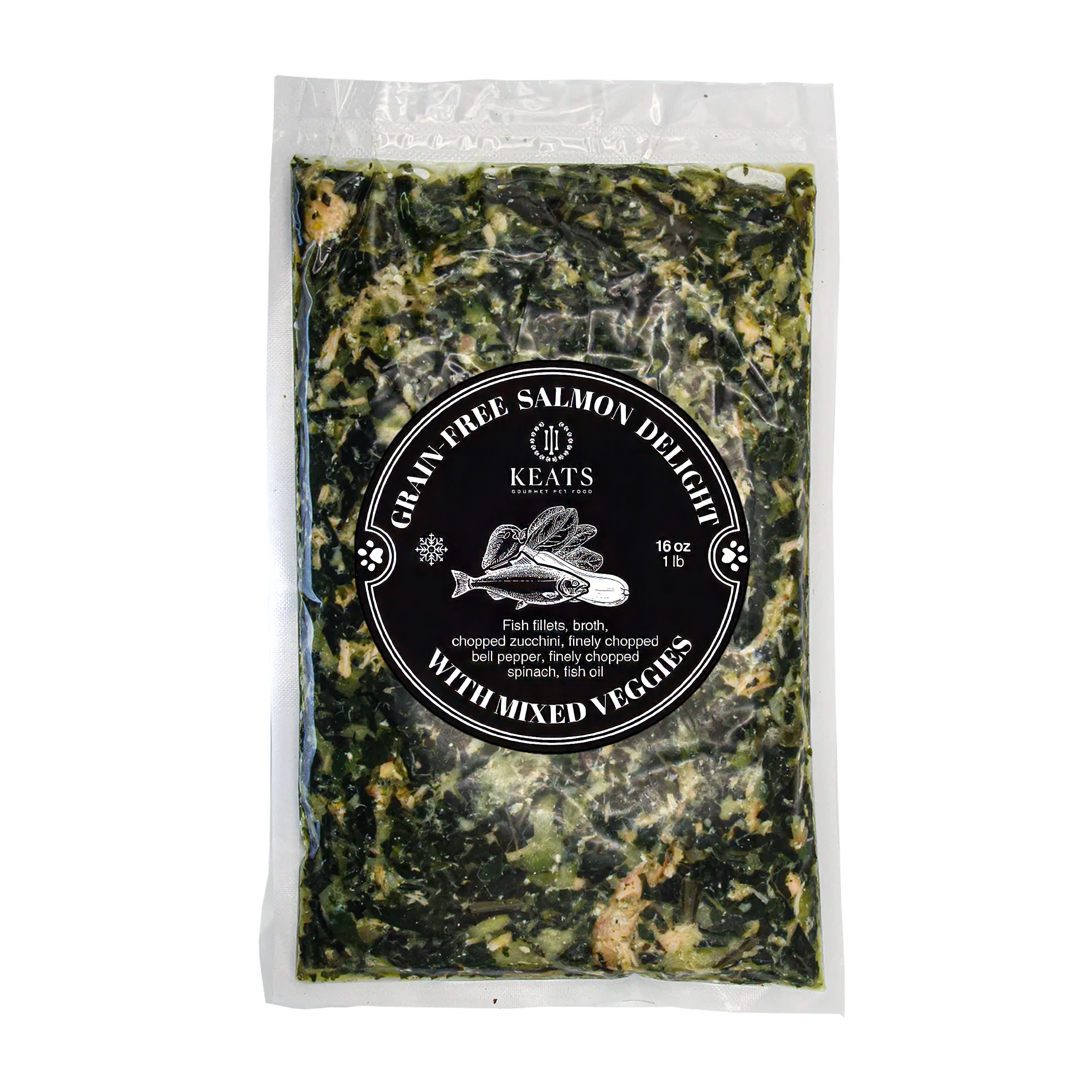 Keats Gourmet Pet Food package with black label Grain-Free Salmon Delight on a white background