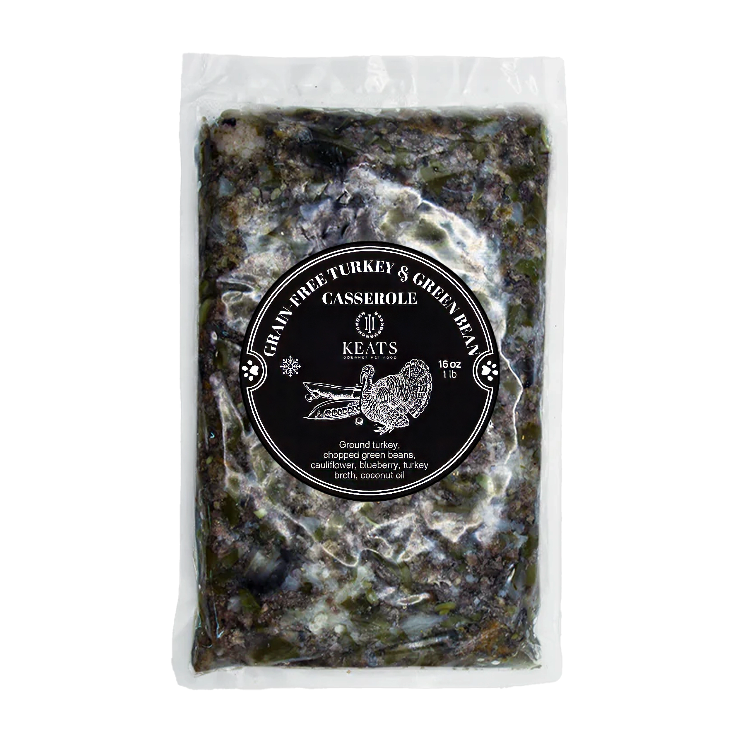 Package of Keats Gourmet Pet Food with a black label Grain-Free Turkey & Green Bean on a white background