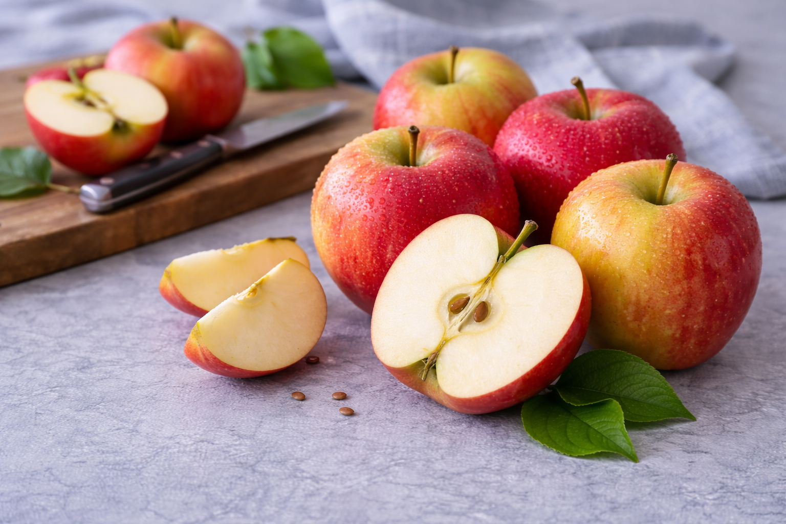 Red apples with a few slices on a gray surface