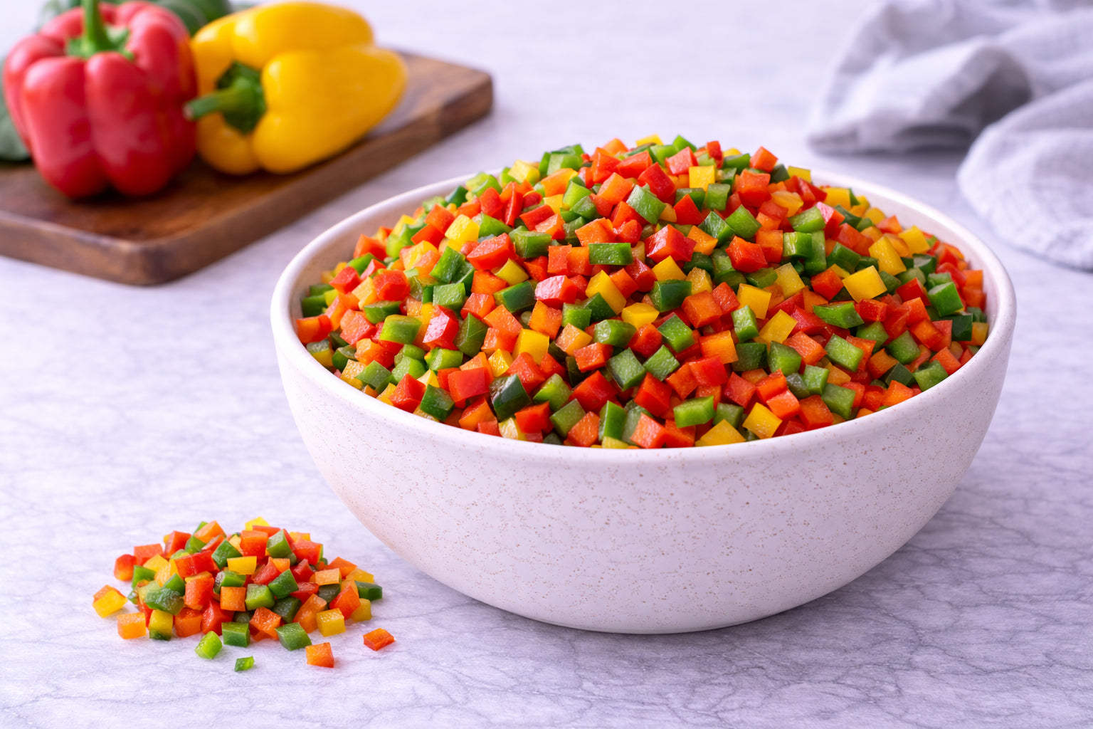 White bowl filled with diced red, green, and yellow bell peppers on a light gray surface.
