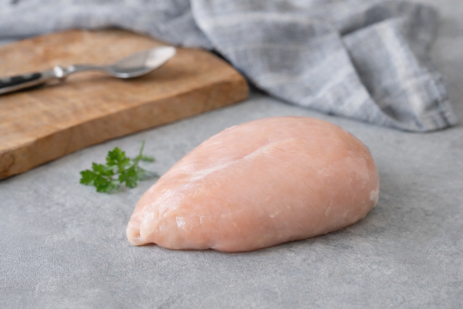 Raw chicken breast on a gray surface with a wooden cutting board and gray cloth in the background.