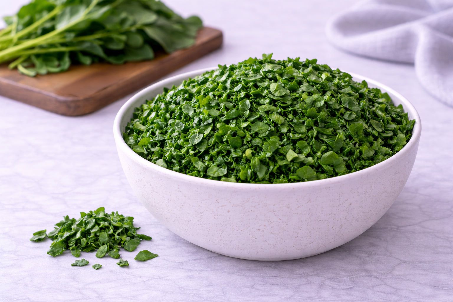 Bowl of chopped green leafy spinach on a light surface with additional greens in the background.