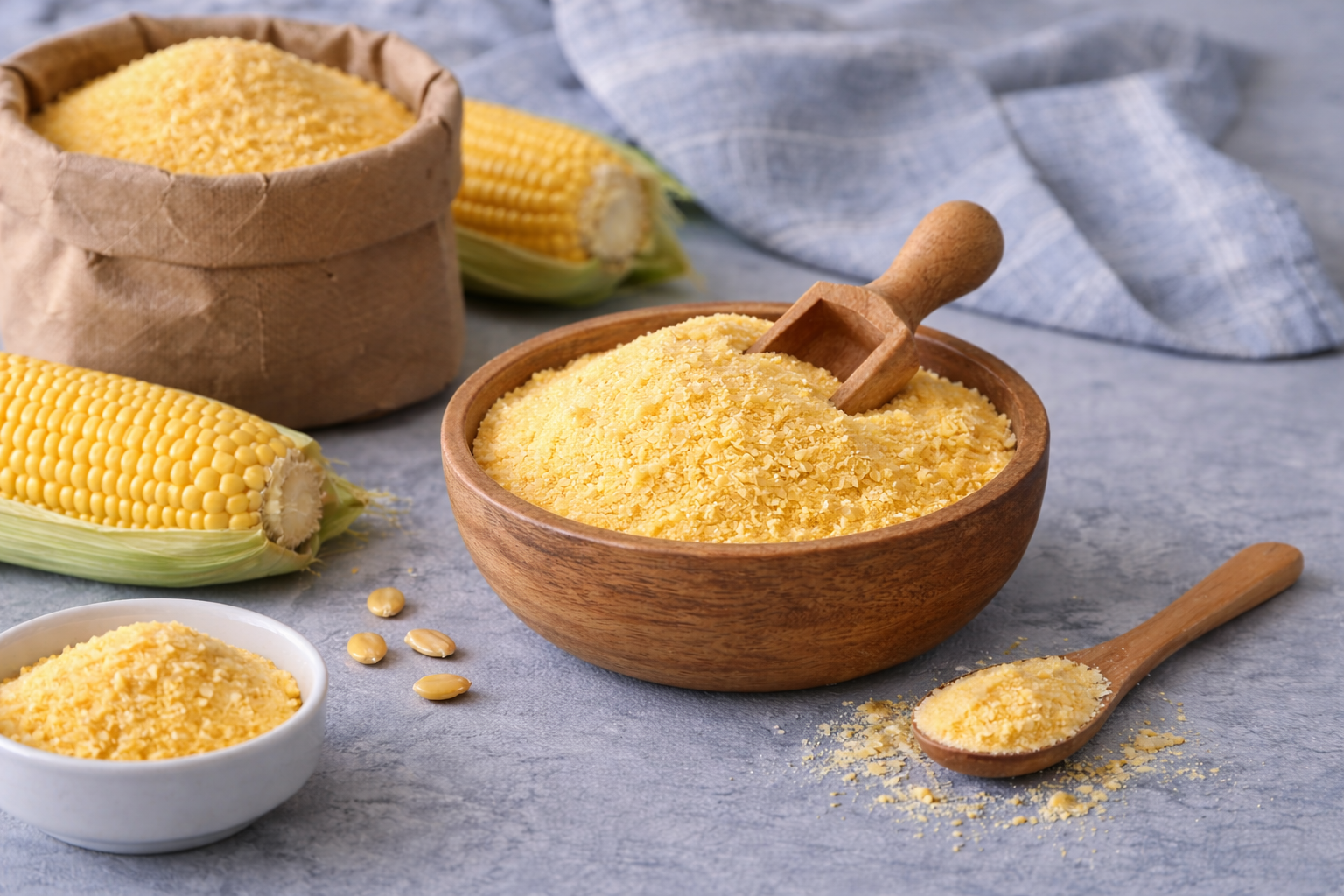 Cornmeal in a wooden bowl with corn cobs and kernels on a gray surface.