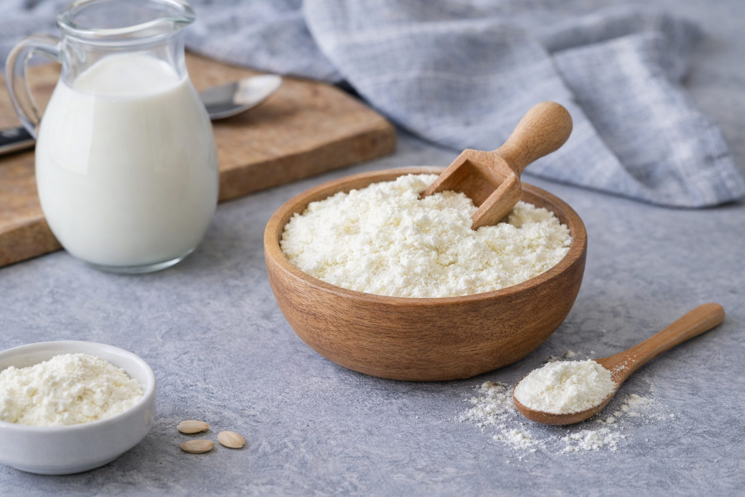 Wooden bowl and a jar of milk, and a wooden spoon on a gray surface.