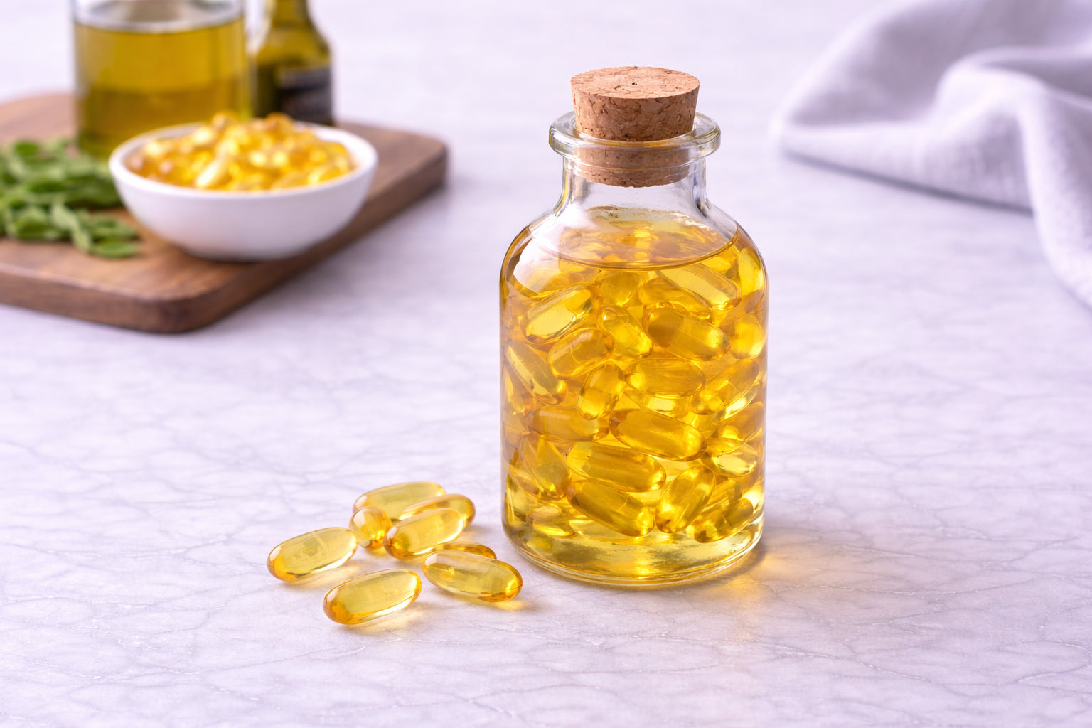 Glass bottle with cork lid filled with yellow liquid and scattered capsules on a light surface.