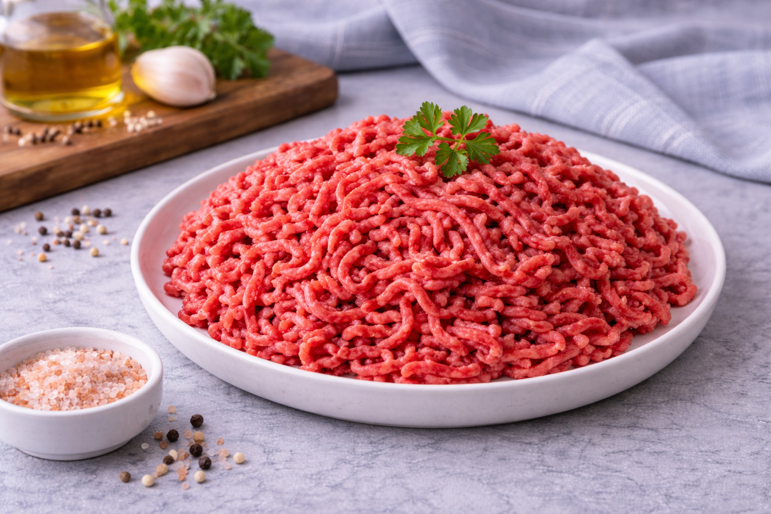 Ground beef on a white plate with seasonings on a gray surface