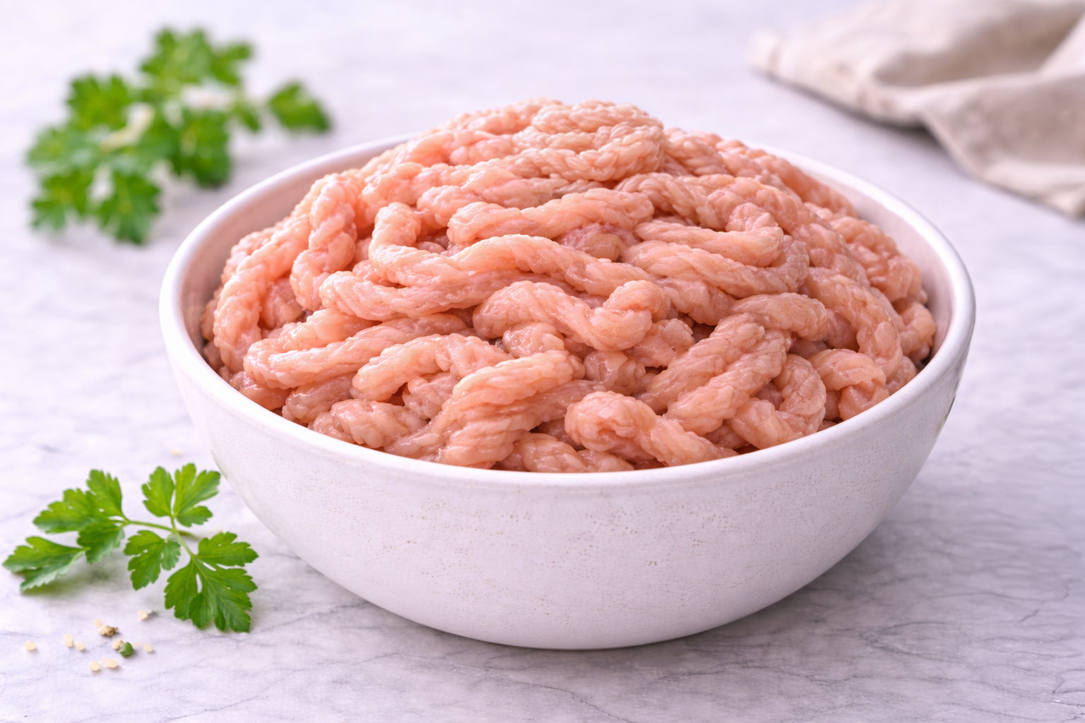 Bowling of ground meat on a light surface with herbs