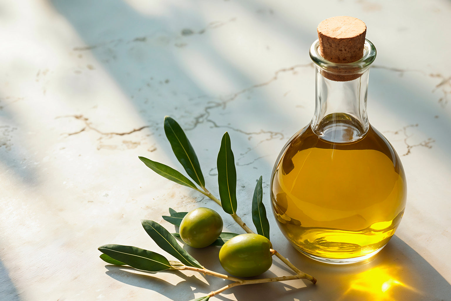 Glass bottle of olive oil with a cork lid on a marble surface, accompanied by green olives and an olive branch.