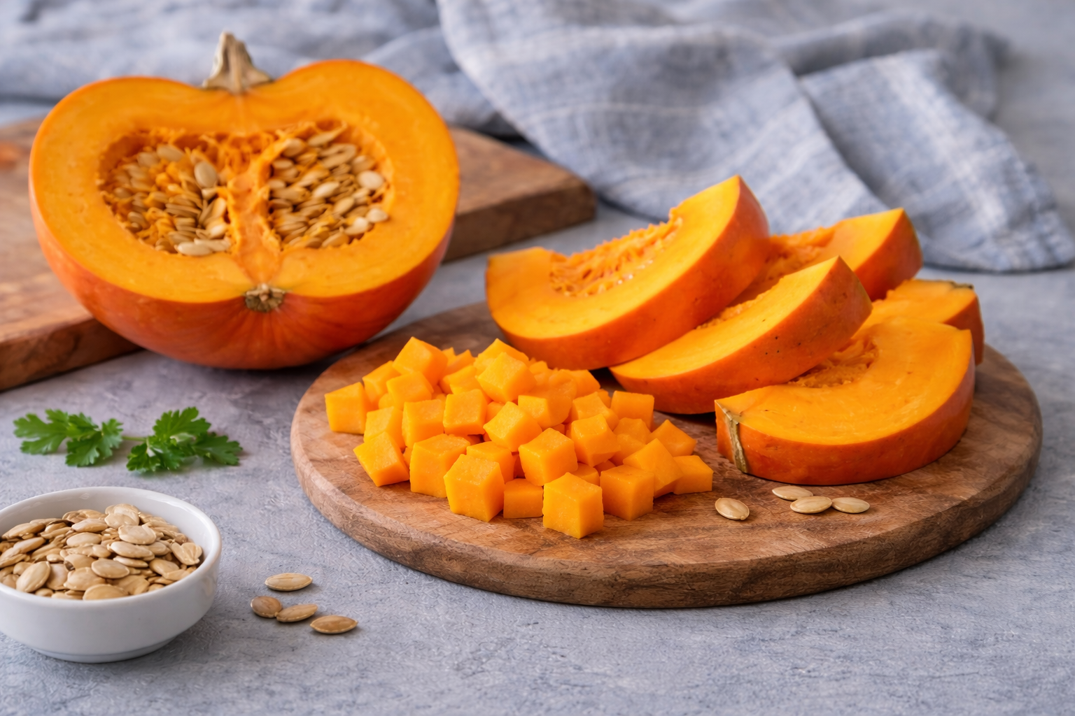 Sliced and diced pumpkin on a wooden board with a halved pumpkin and seeds in a bowl.