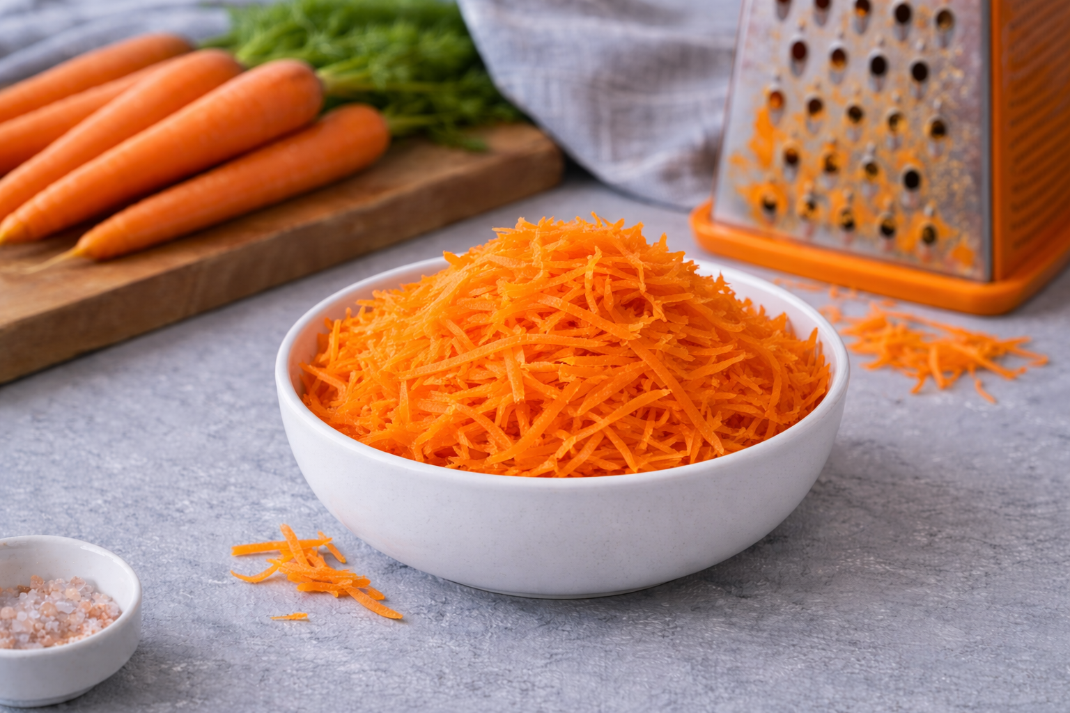 Shredded carrots in a white bowl with a grater and carrots in the background on a gray surface.
