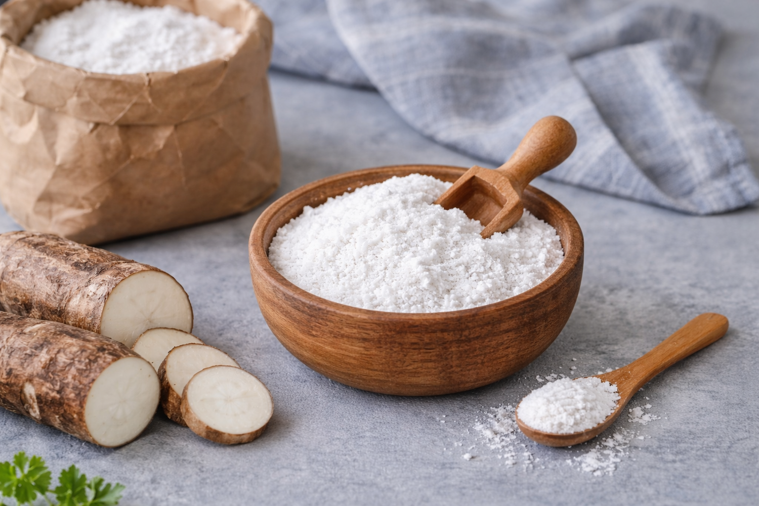Wooden bowl with white powder, wooden scoop, and root vegetables on a gray surface.