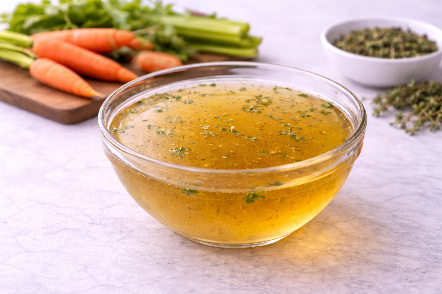 Clear bowl of broth with herbs, carrots, and celery on a light surface