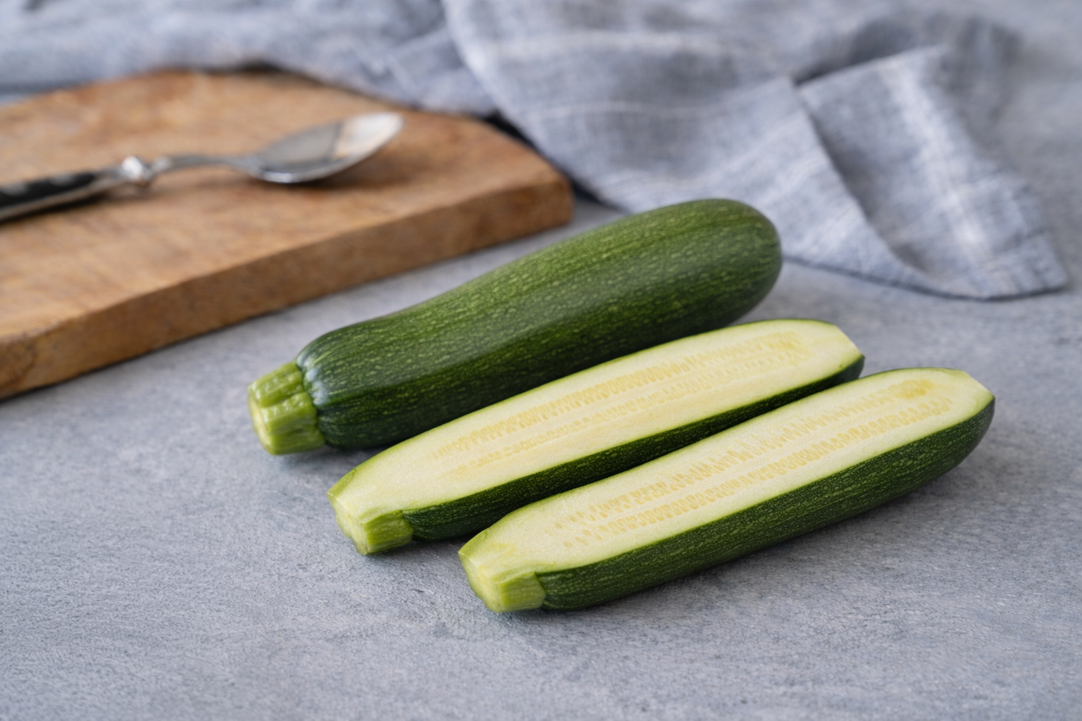 Three zucchinis on a gray surface with a wooden cutting board and spoon in the background.