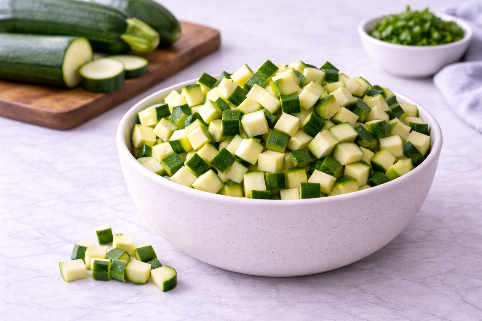 Diced zucchini in a white bowl on a light surface with whole cucumbers and a cutting board in the background.