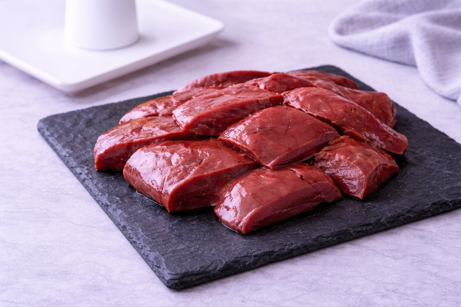 Raw beef liver slices on a dark slate board with a white background