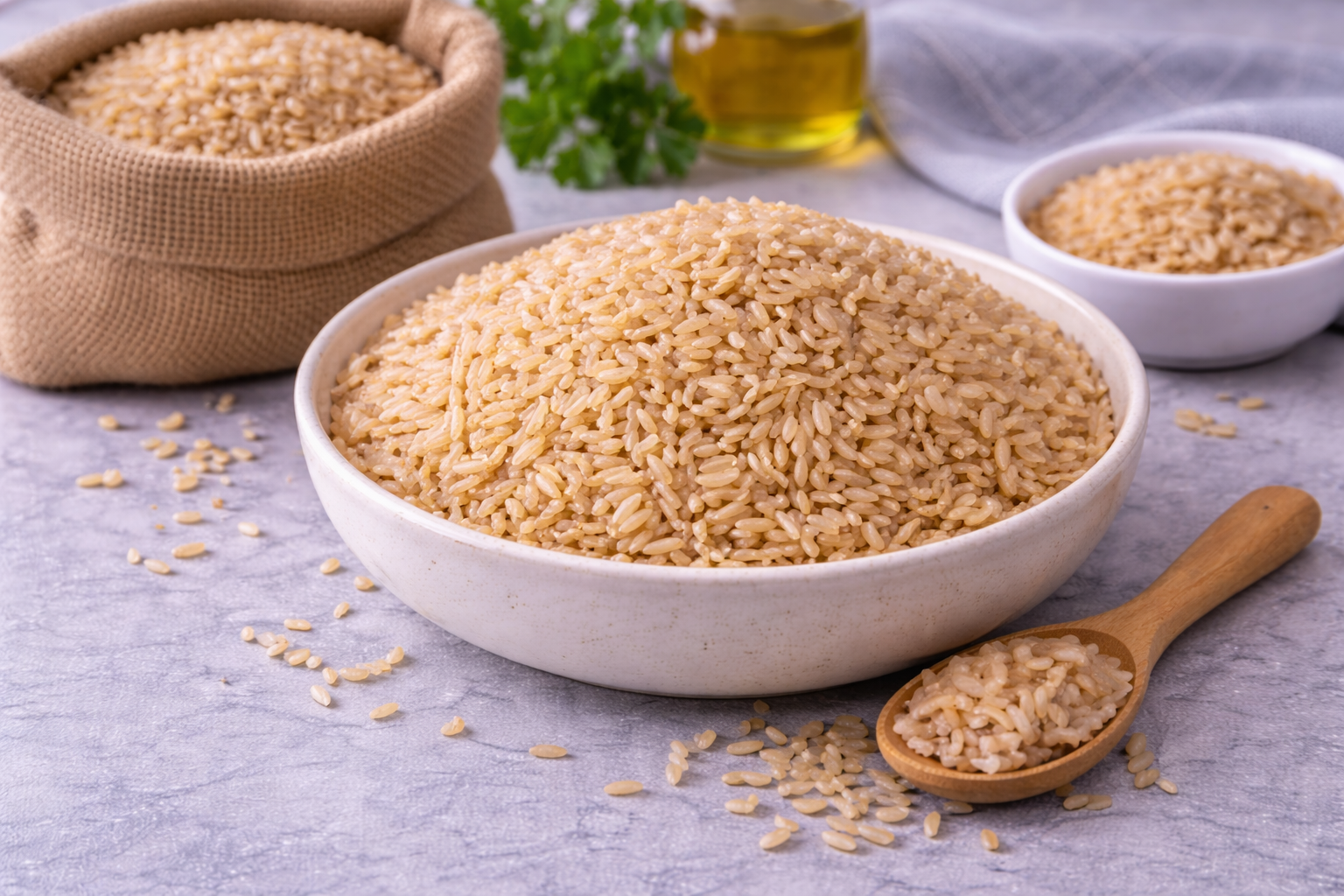 Brown rice in a bowl with a wooden spoon on a gray surface