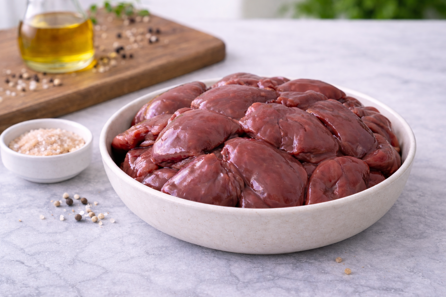 Raw liver in a white bowl on a light gray surface with seasonings and oil in the background.