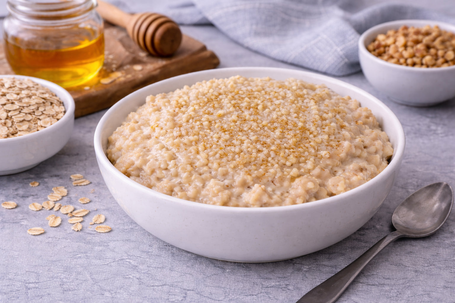 Bowl of oatmeal with honey and oats on a table