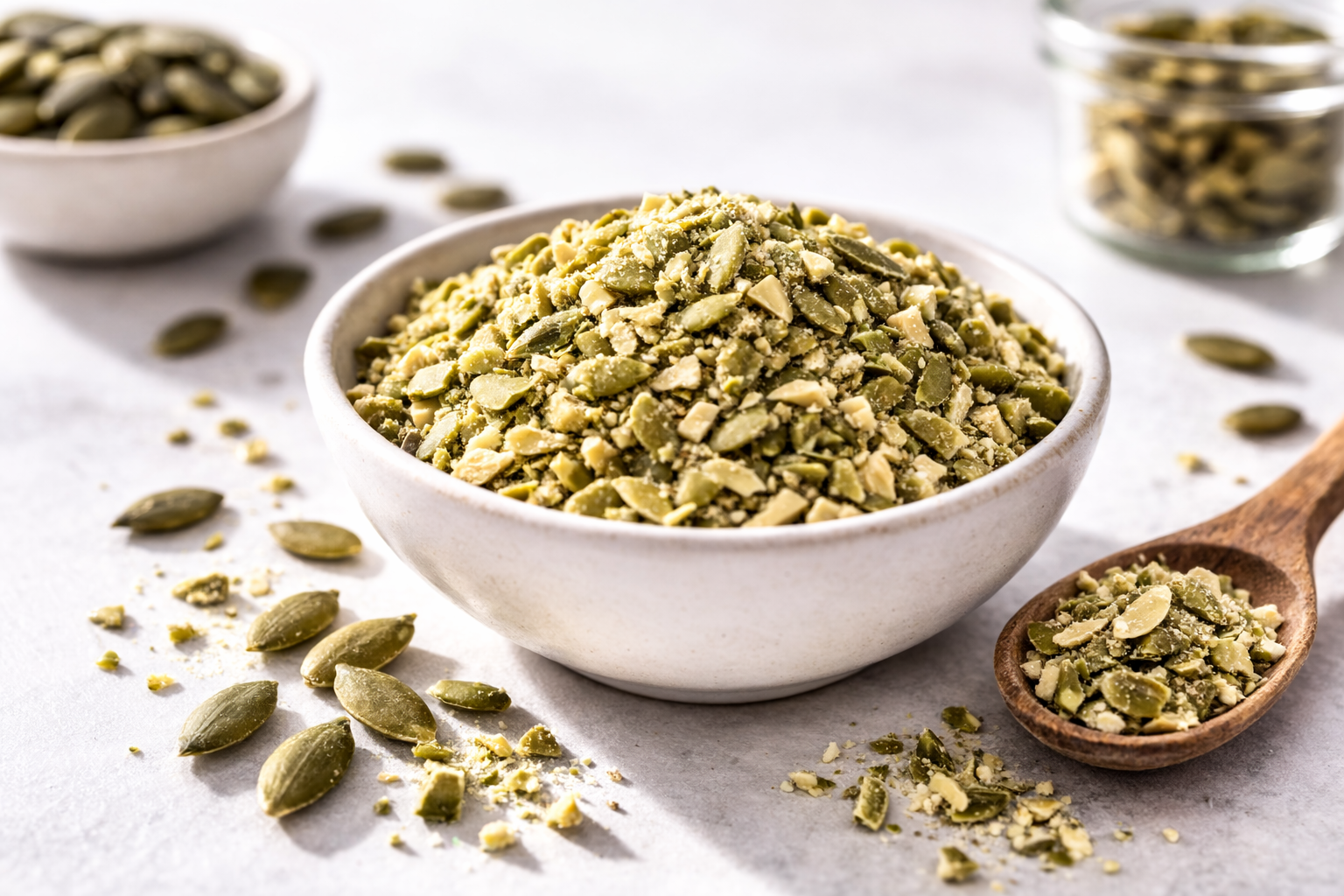 Bowl of green cardamom powder with scattered cardamom seeds on a light surface