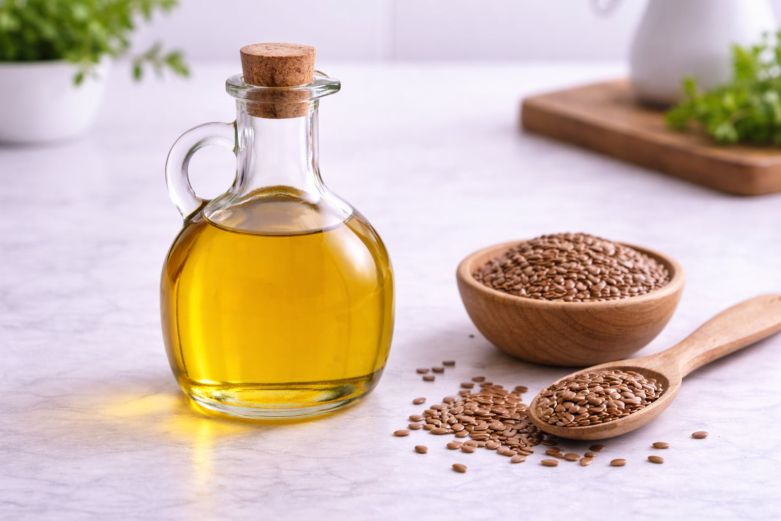 Glass jar of flaxseed oil with a wooden spoon and bowl of seeds on a light surface.