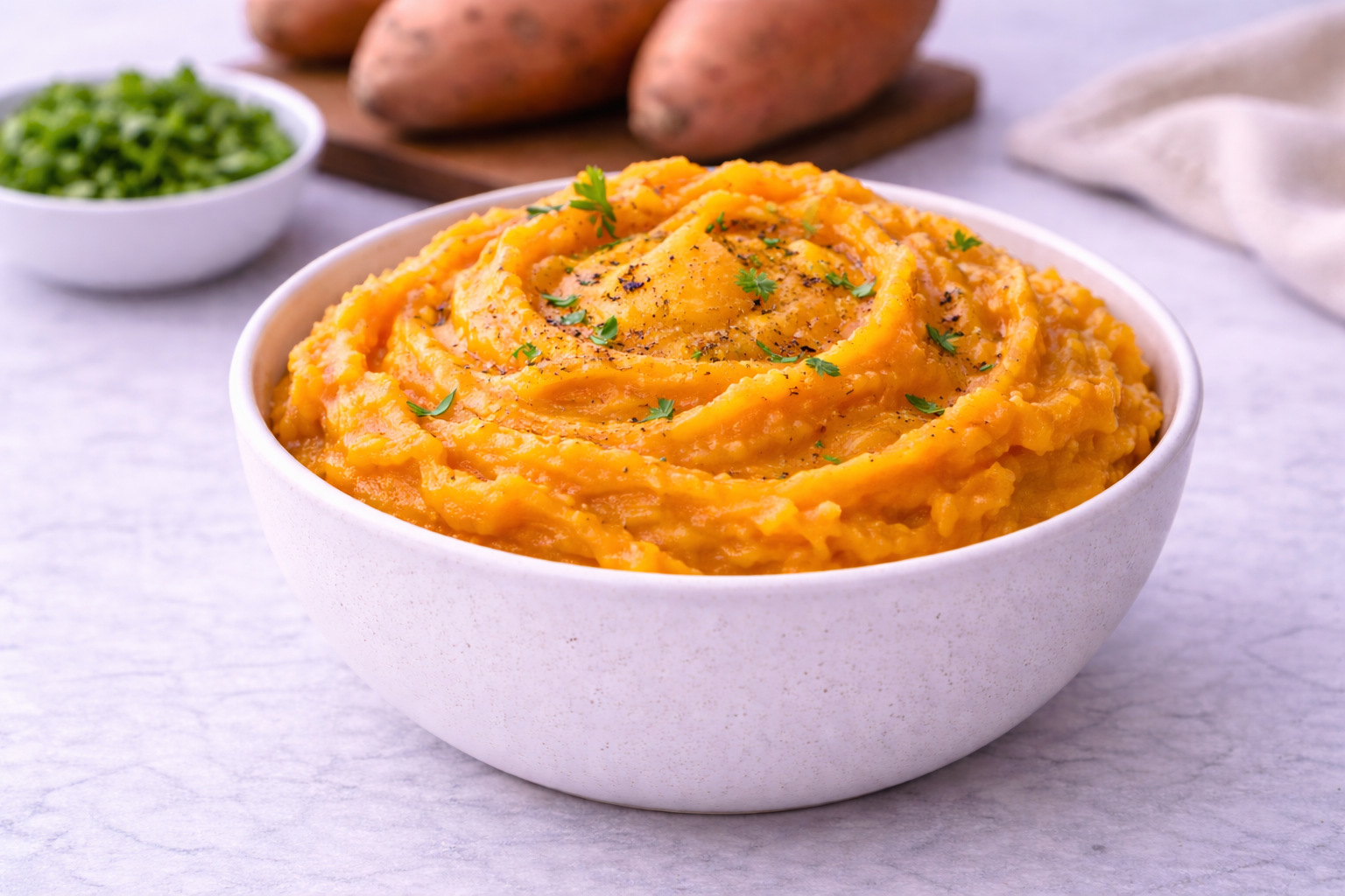Mashed sweet potatoes in a white bowl on a light surface with green herbs.