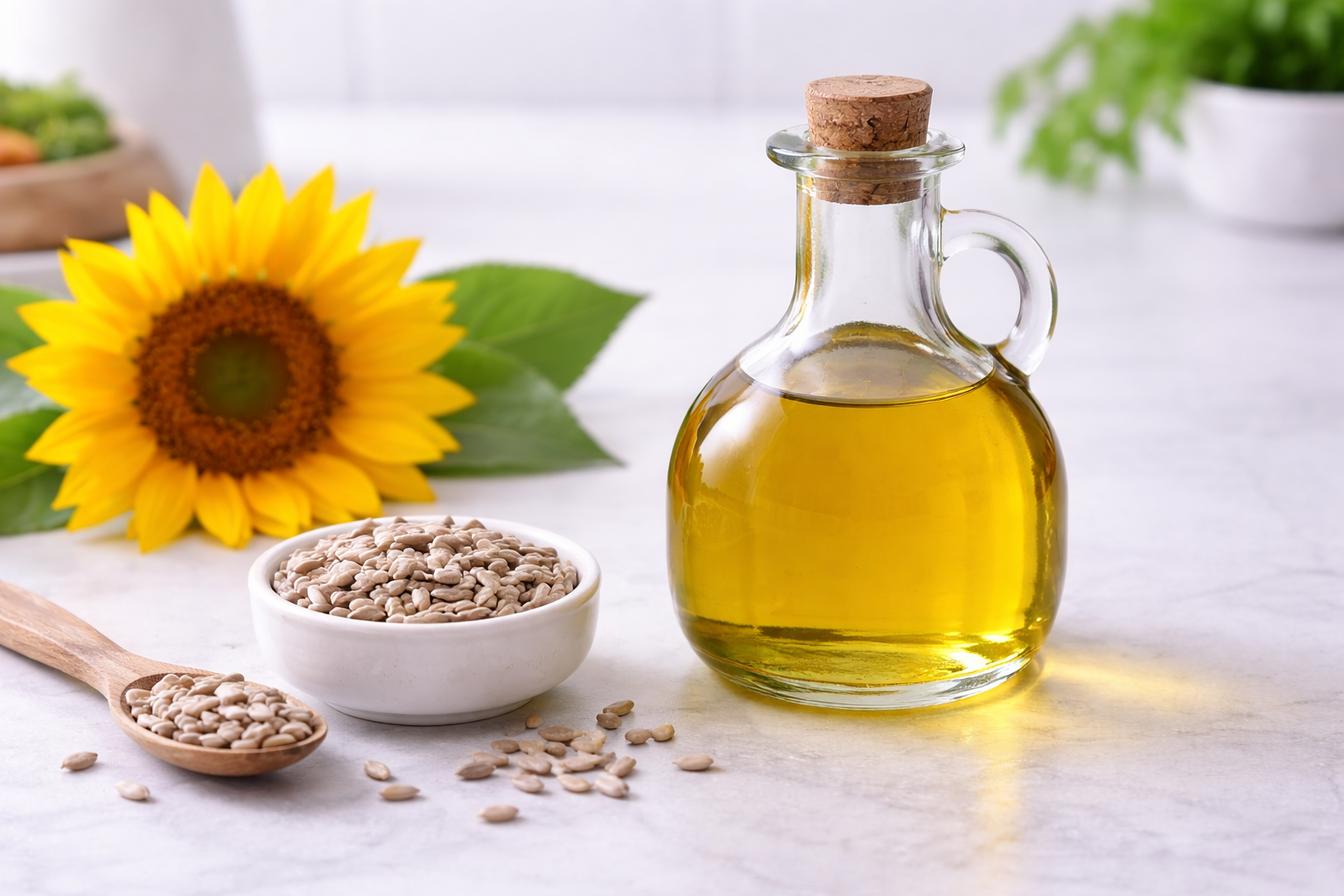 Sunflower seeds, sunflower oil in a bottle, and sunflower on a light surface.