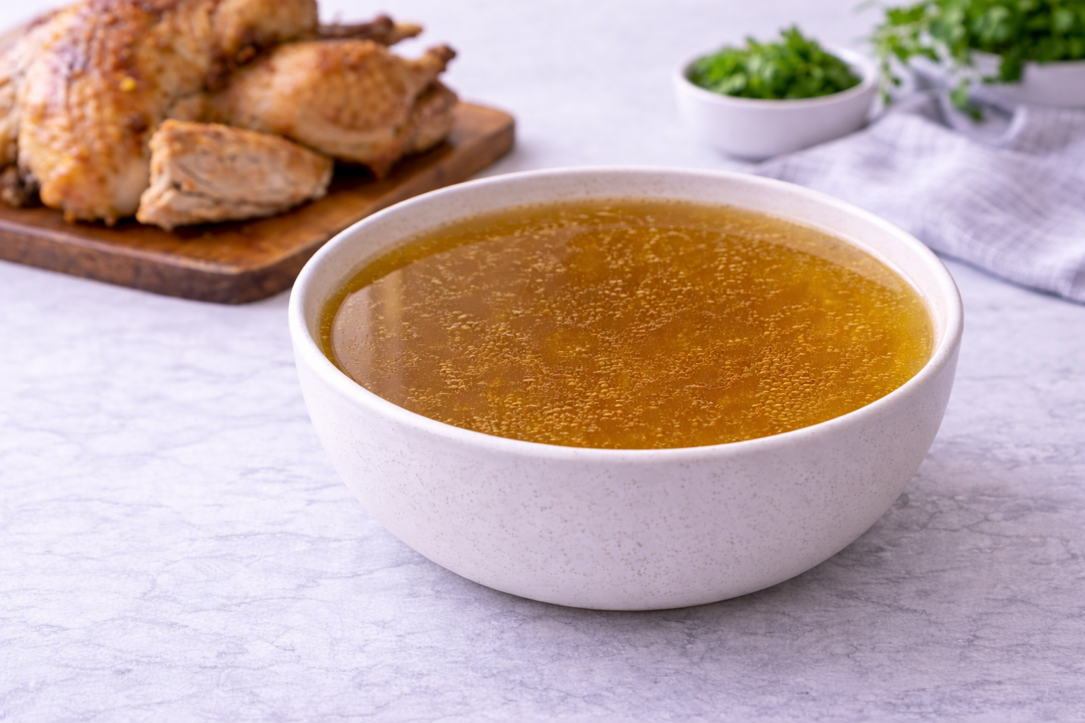 Bowl of turkey broth with roasted turkey on a wooden board in the background.